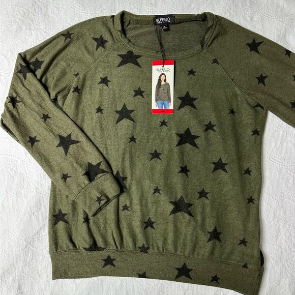 NWT Buffalo David Bitton Long Sleeve Crewneck Green Star Top Size Medium - Picture 4 of 6